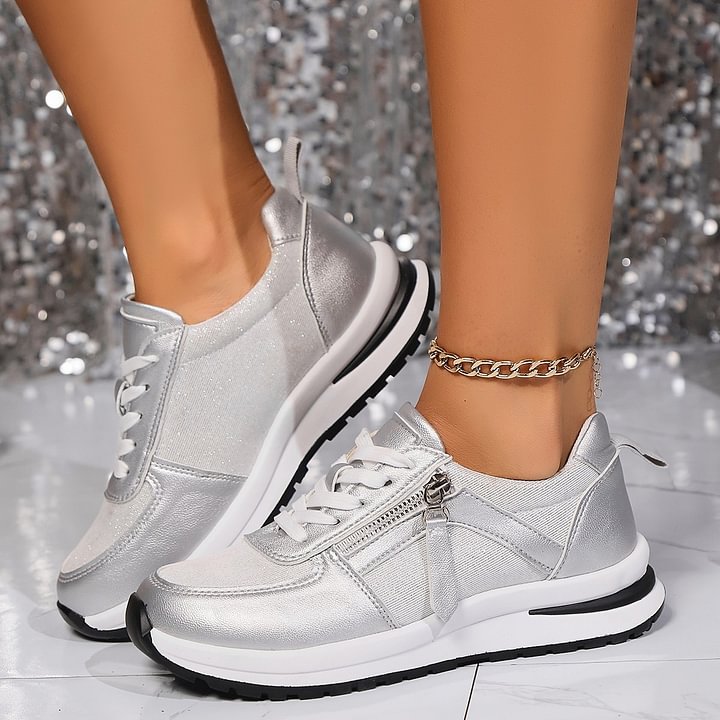 Baskets femme métallisées à lacets et zip latéral semelle confort – Jade - vue 7