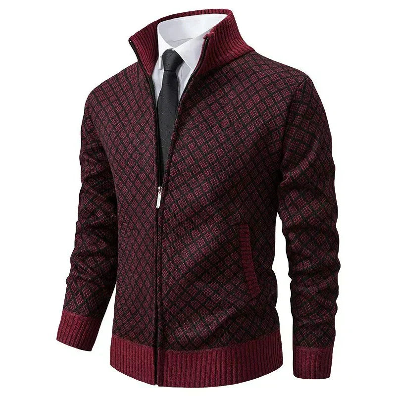 Cardigan zippé homme en maille gaufrée à col droit – Maxime – Rouge
