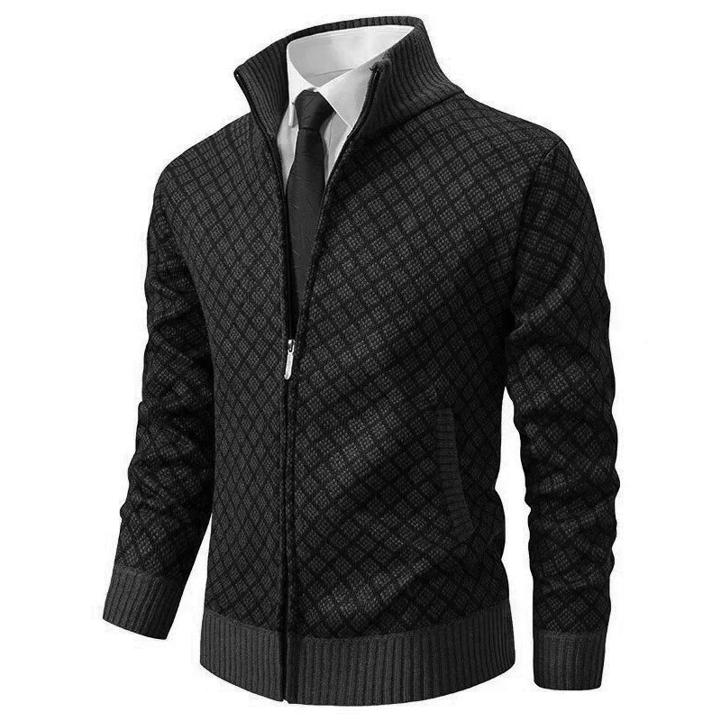 Cardigan zippé homme en maille gaufrée à col droit – Maxime – Noir