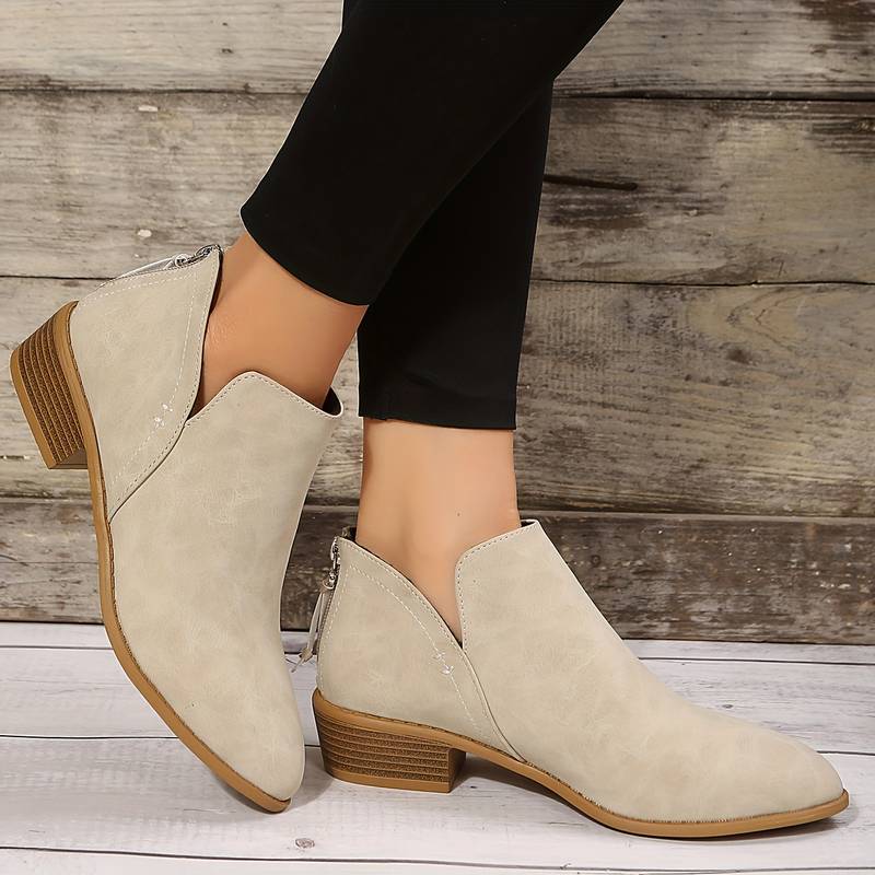 Bottines femme décontractées à enfiler et talon bas – Annette – Beige