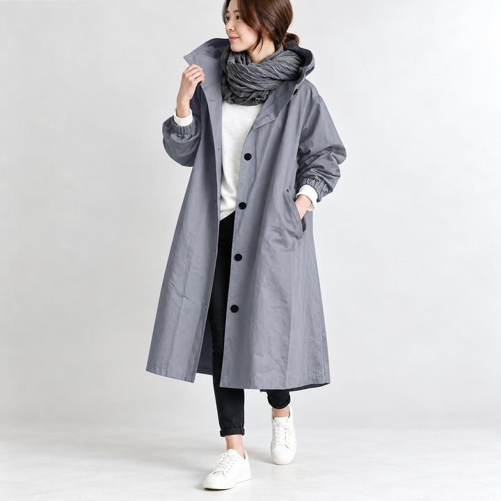 Trench long femme à capuche coupe ample et évasée – Héloïse - Gris