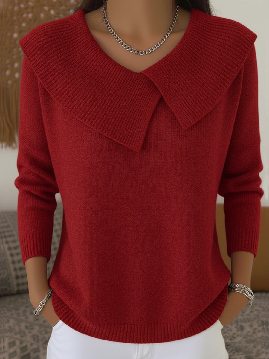 Pull femme à grand col rabattu asymétrique en maille côtelée – Lucie - Rouge
