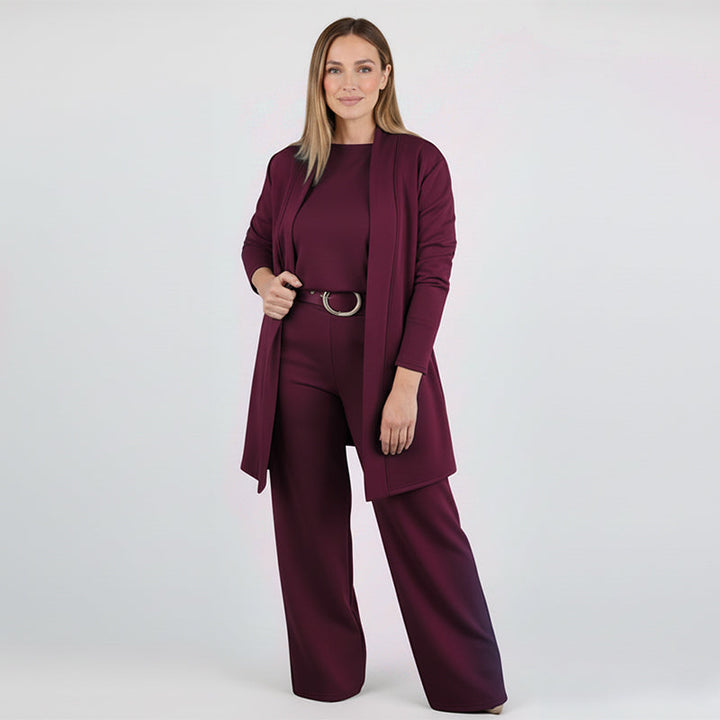 Ensemble 3 pièces femme gilet long, haut et pantalon à ceinture – Héloïse - Rouge