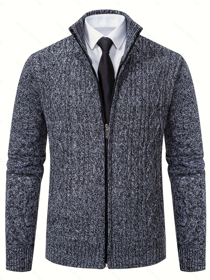 Cardigan zippé homme en maille torsadée à col montant – Henrik – Gris foncé