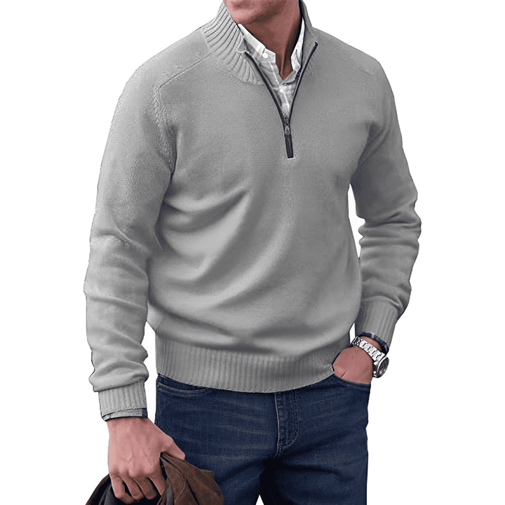 Pull demi-zip homme en maille façon cachemire à col montant – Pierre – Gris clair