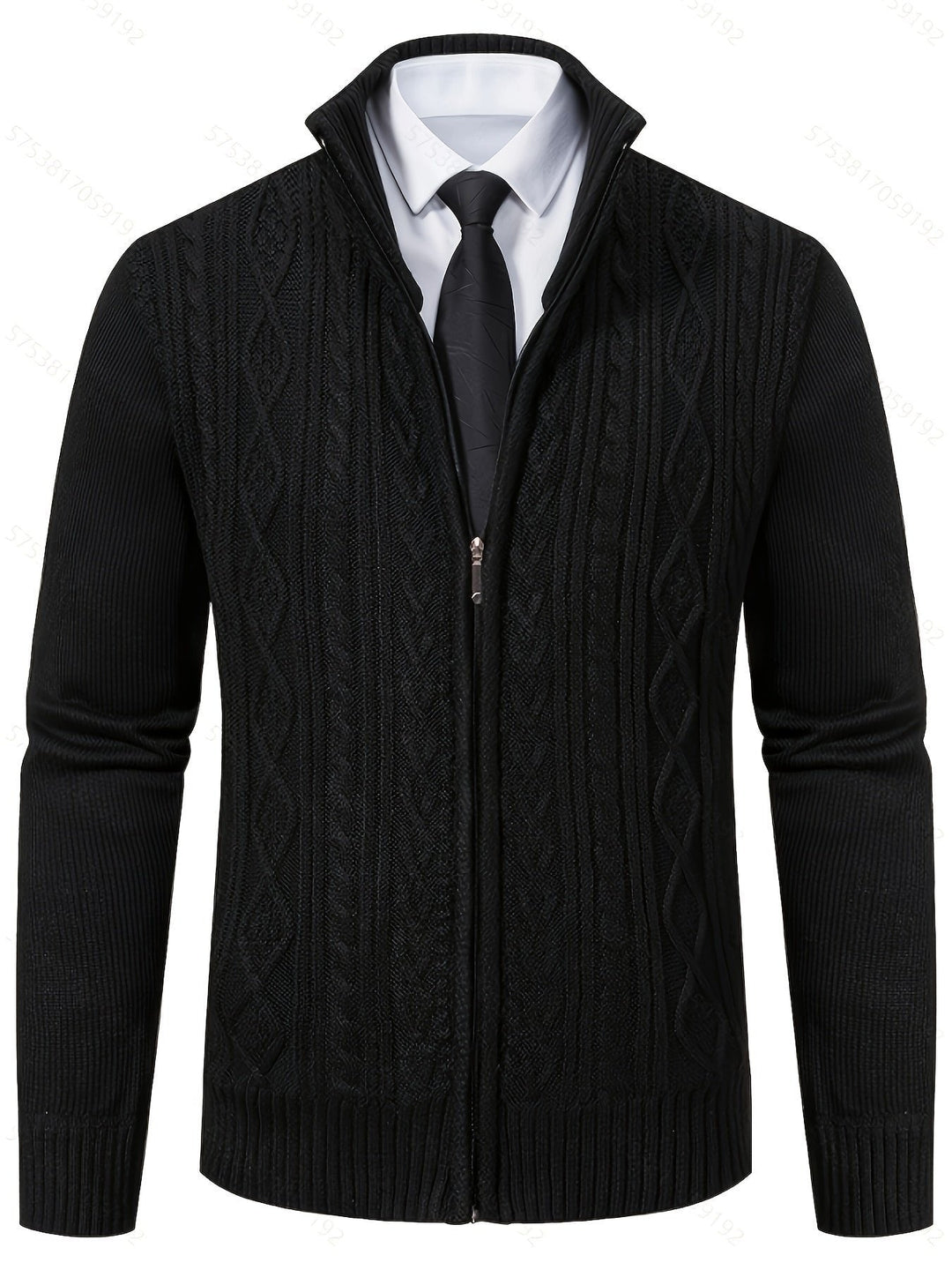 Cardigan zippé homme en maille torsadée à col montant – Henrik – Noir