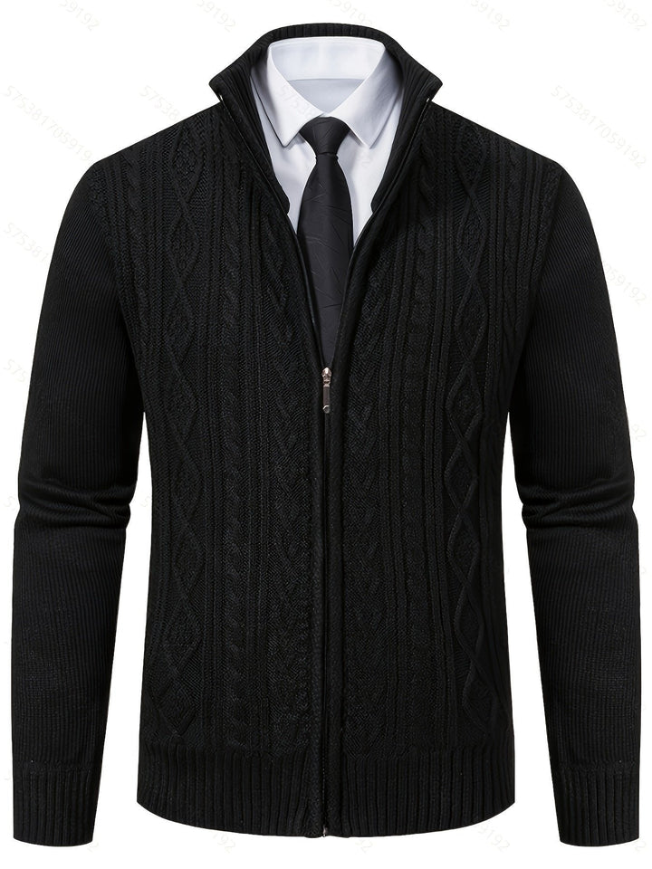 Cardigan zippé homme en maille torsadée à col montant – Henrik – Noir