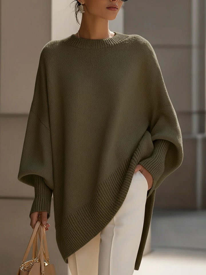 Pull poncho oversize femme en maille douce à col rond – Margaux - Vert olive