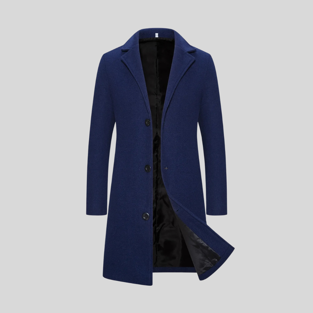 Manteau long homme élégant en laine à trois boutons – Augustin – Bleu marine