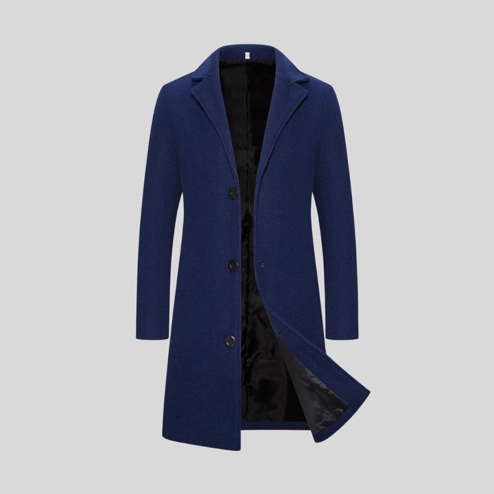 Manteau long homme élégant en laine à trois boutons – Augustin – Bleu marine