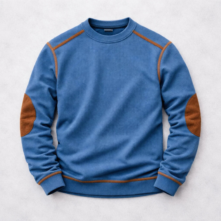 Pull homme texturé en maille gaufrée à coudières – Rémi – Bleu