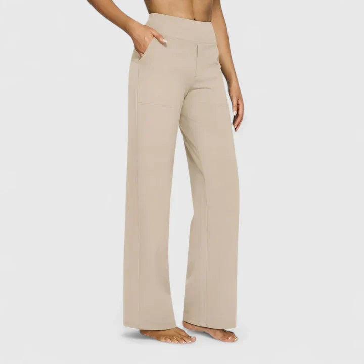 Pantalon femme taille haute à jambe droite et poches – Romane - Kaki
