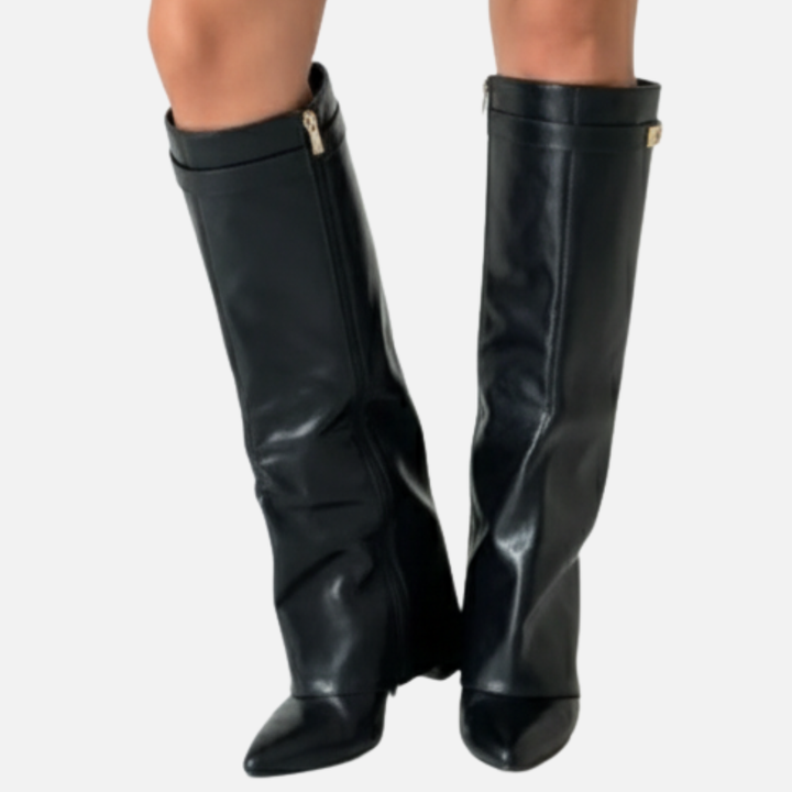 Bottes hautes femme en daim à tige large et bout pointu – Ambre – Noir cuir