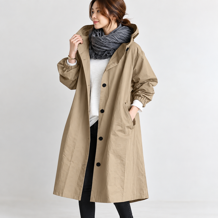 Trench long femme à capuche coupe ample et évasée – Héloïse - Kaki