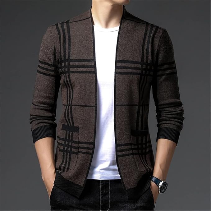 Cardigan homme en maille à carreaux ouvert à poches – Gaspard – vue 9
