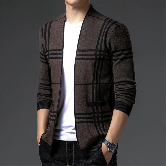 Cardigan homme en maille à carreaux ouvert à poches – Gaspard – vue 12
