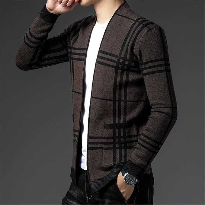 Cardigan homme en maille à carreaux ouvert à poches – Gaspard – vue 11