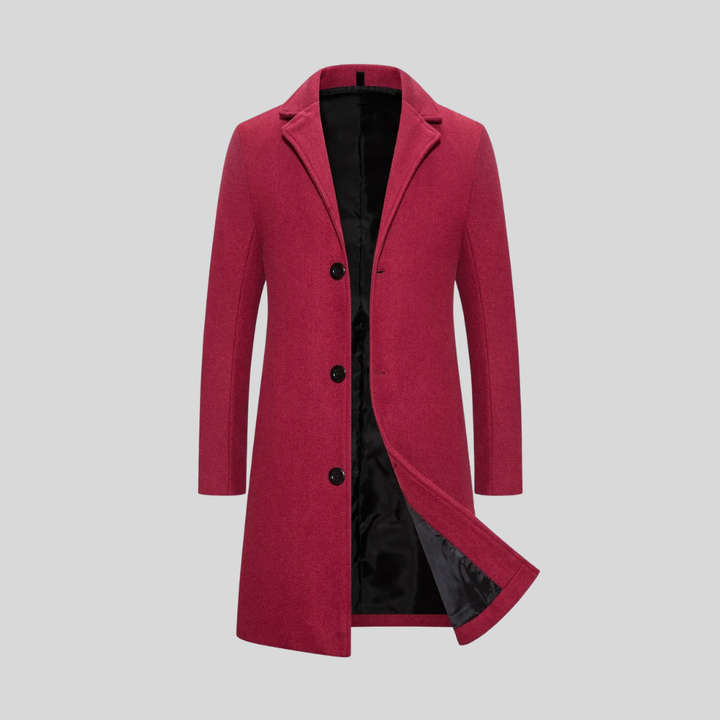 Manteau long homme élégant en laine à trois boutons – Augustin – Bordeaux
