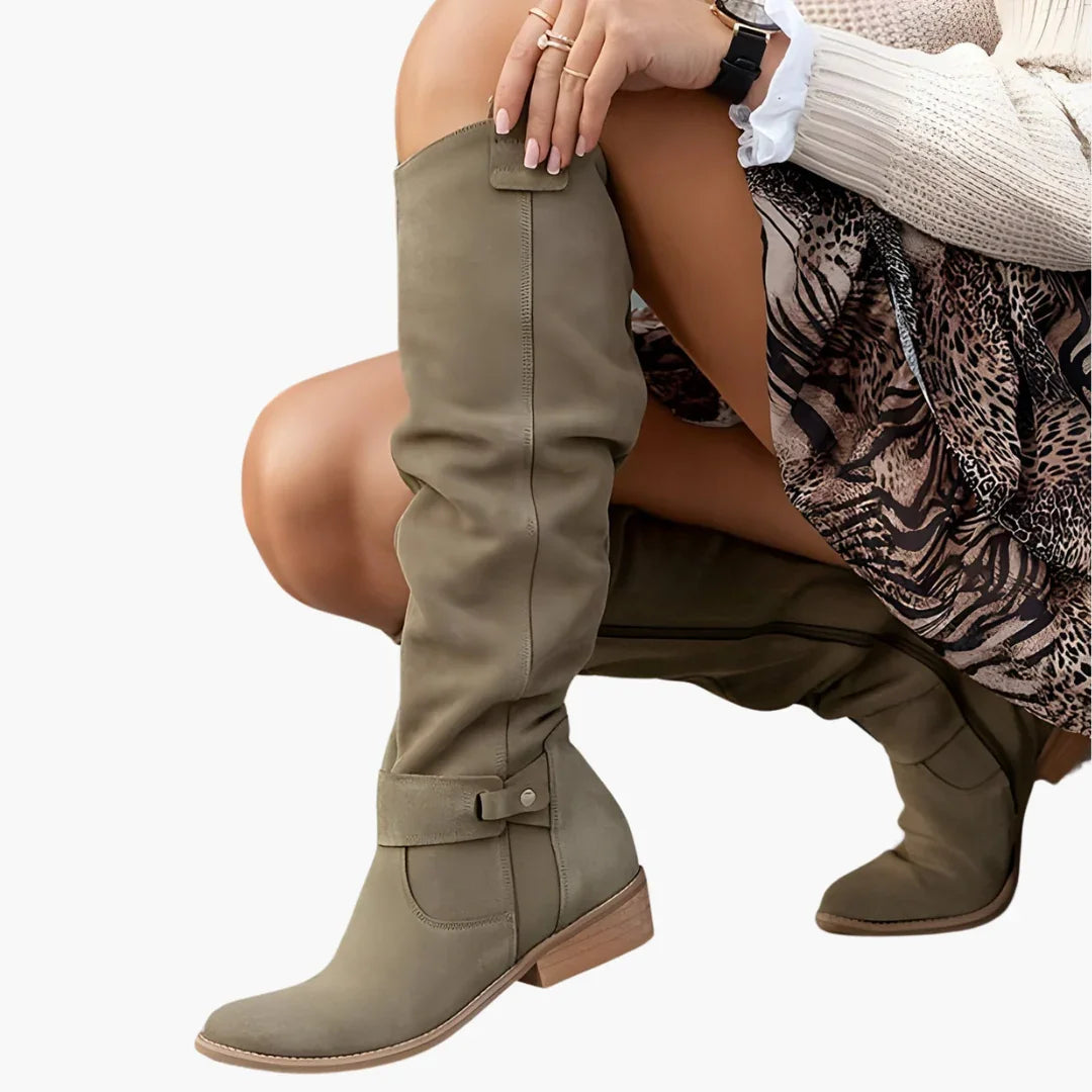 Bottes hautes femme en suédine à tige souple et boucle – Maya – Vert armée