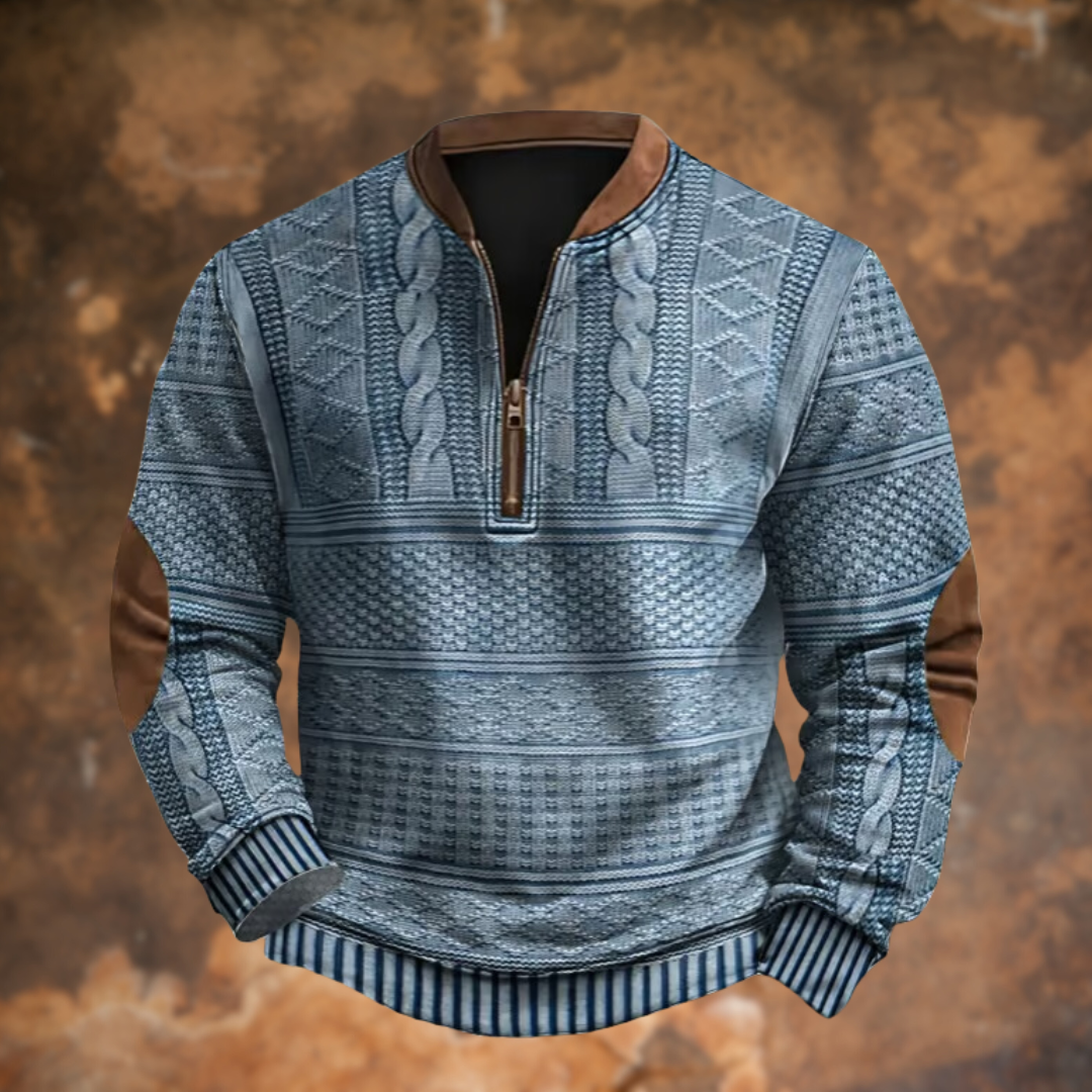 Pull homme d'hiver en maille texturée à col demi-zip – Jean – Bleu