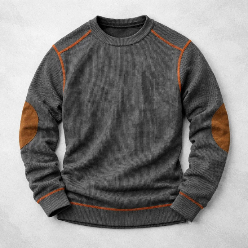 Pull homme texturé en maille gaufrée à coudières – Rémi – Gris
