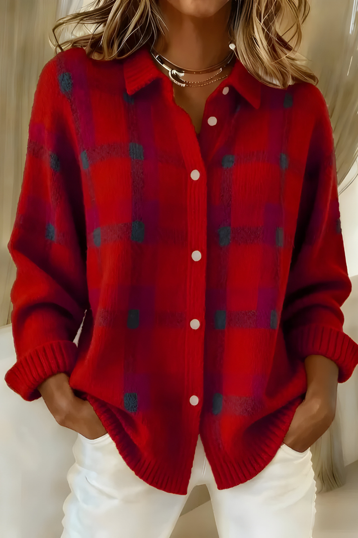 Cardigan femme à carreaux en maille douce et col chemise – Léa - Rouge