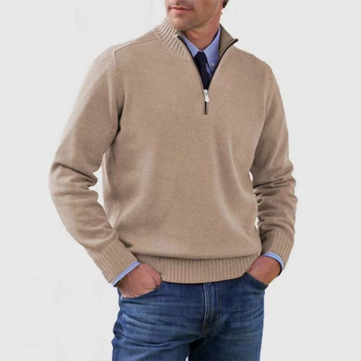 Pull demi-zip homme coupe classique en maille premium – Lucien – Beige
