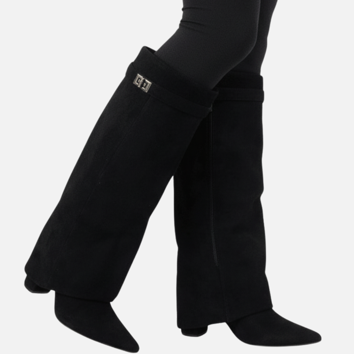 Bottes hautes femme en daim à tige large et bout pointu – Ambre – Noir