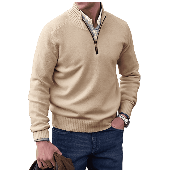 Pull demi-zip homme en maille façon cachemire à col montant – Pierre – Beige