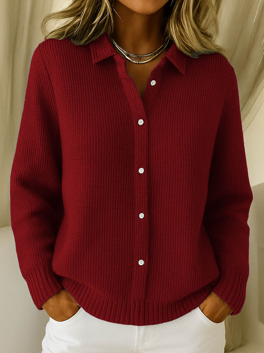 Gilet femme en maille douce boutonné à col chemise – Juliette - Rouge