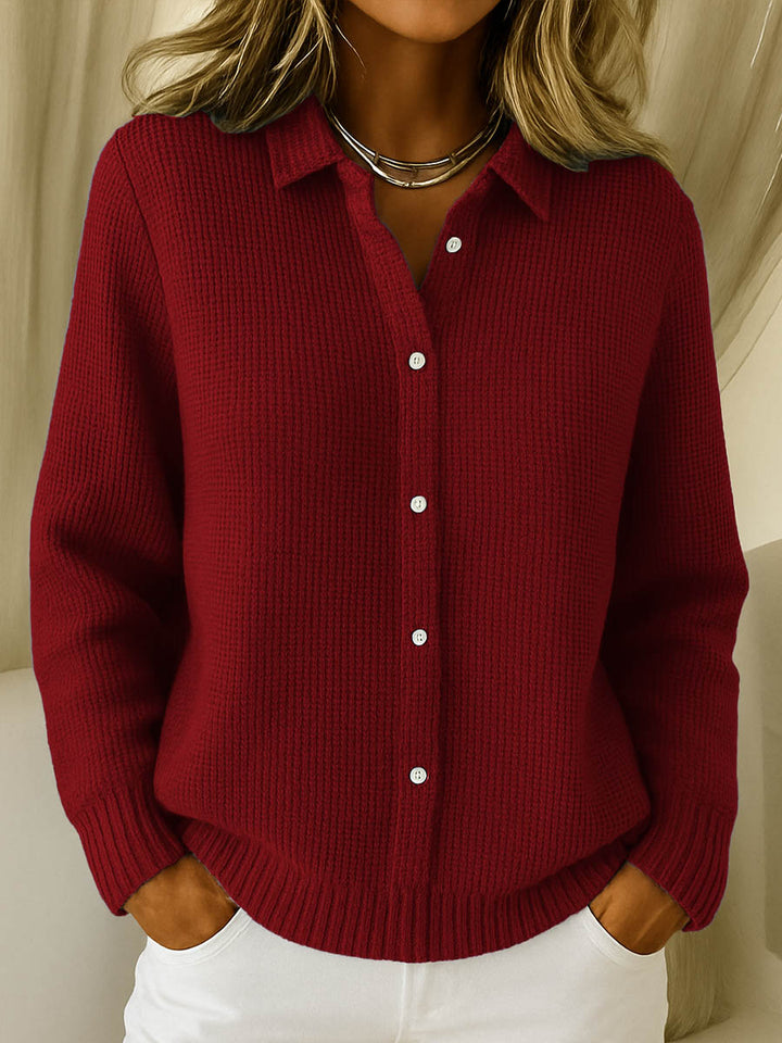 Gilet femme en maille douce boutonné à col chemise – Juliette - Rouge