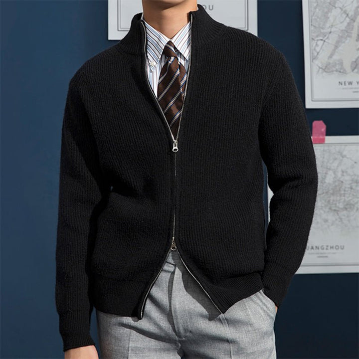 Pull zippé homme moderne en maille de coton côtelée – Kristian – Noir