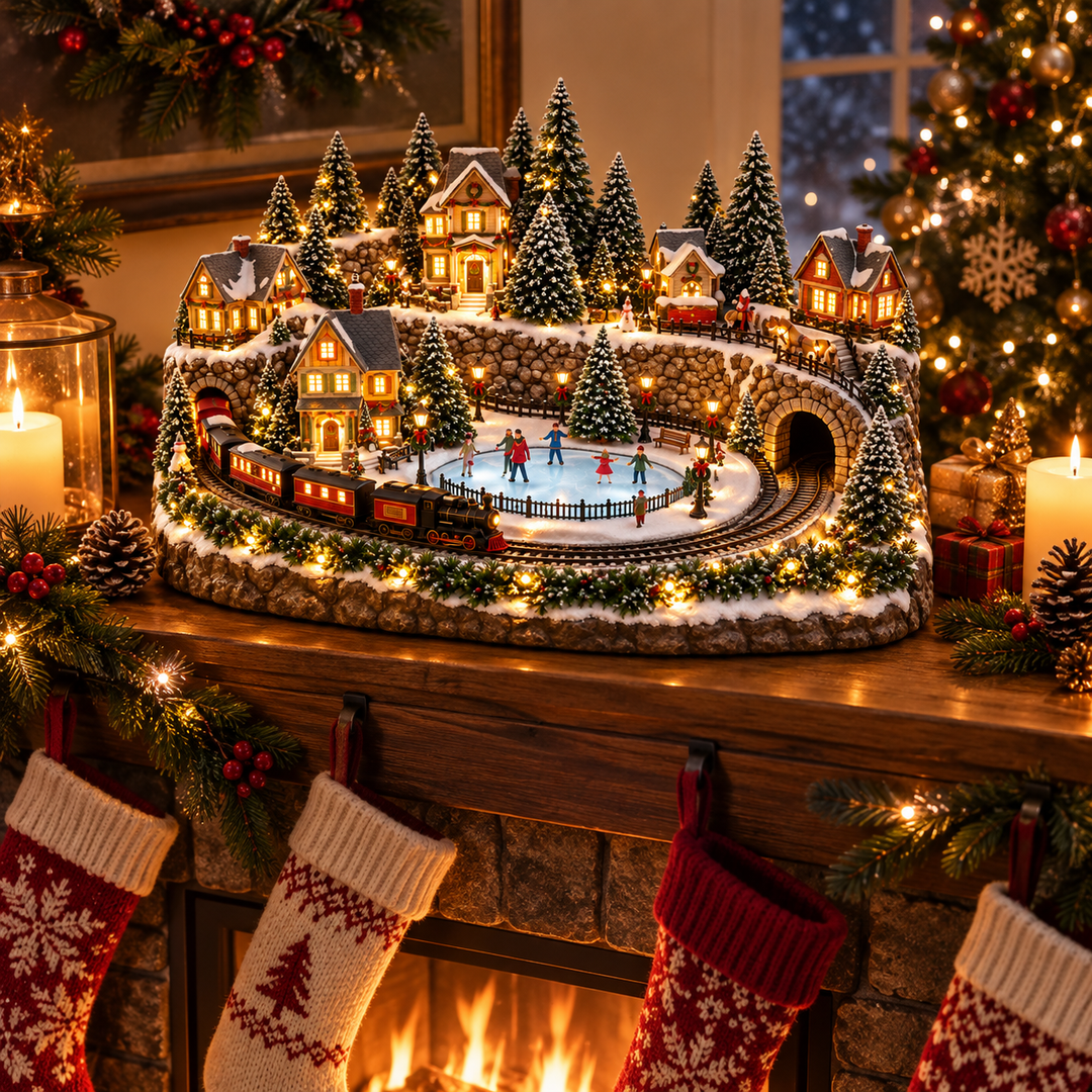 Village de Noël avec train animé et patinoire – Scène d’hiver lumineuse LED avec musique