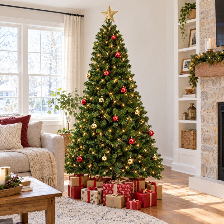 Sapin de Noël Lumineux 180 cm avec Décorations – Pin à Branches Articulées, Lumières Blanc Chaud & Télécommande