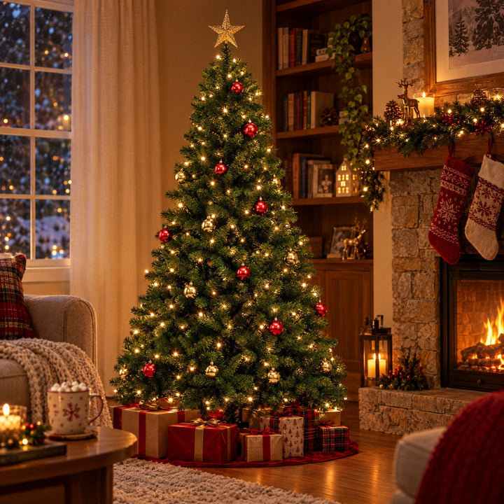 Sapin de Noël Lumineux 180 cm avec Décorations – Pin à Branches Articulées, Lumières Blanc Chaud & Télécommande