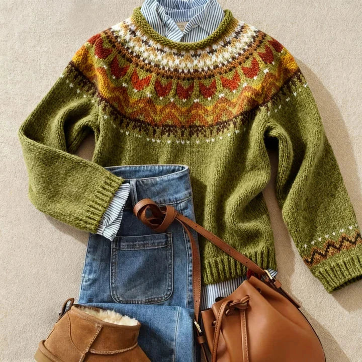 Pull femme jacquard nordique à empiècement rond en maille douce – Agathe - Vert olive
