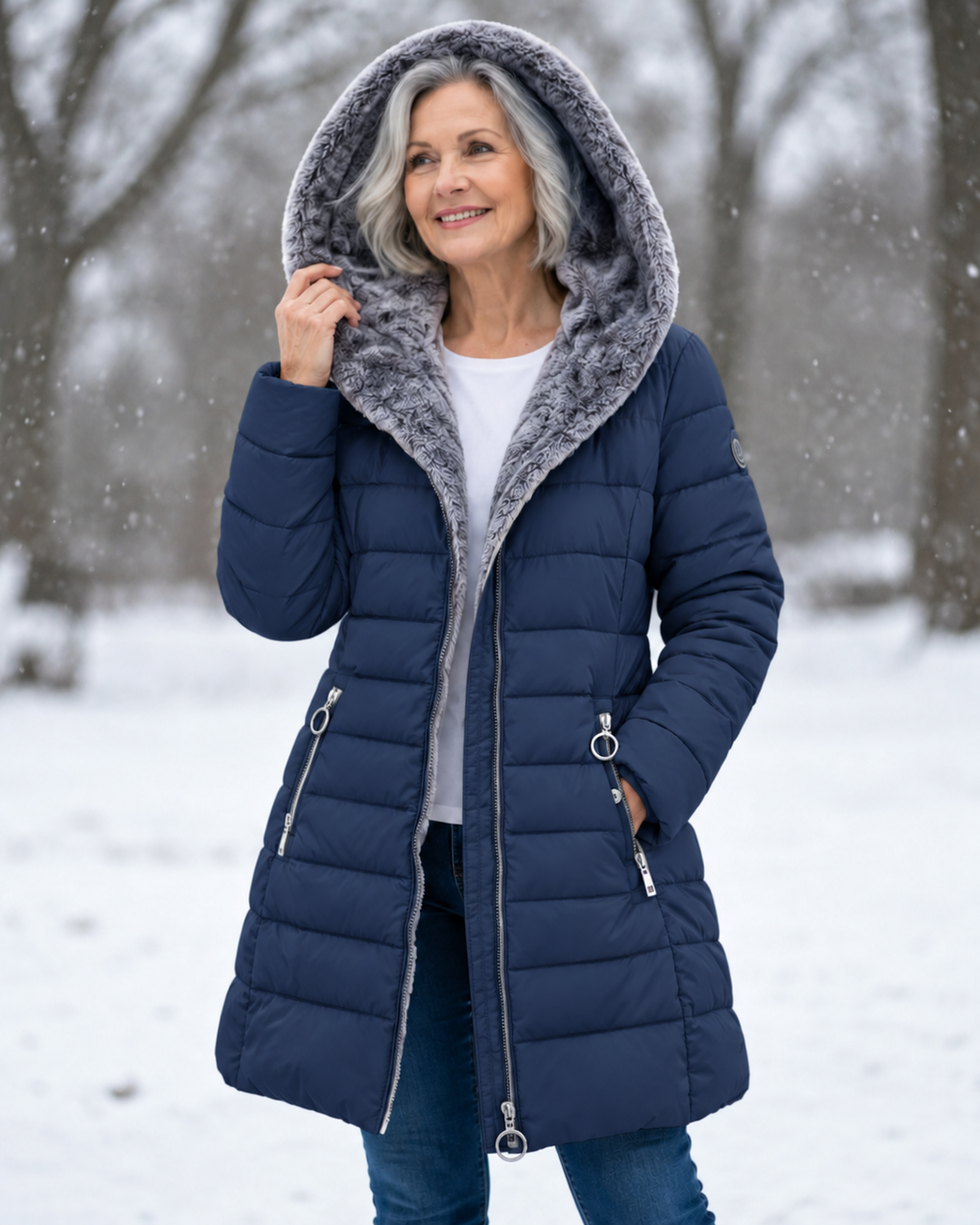 Doudoune longue femme matelassée à capuche doublée peluche – Victoire - Bleu marine