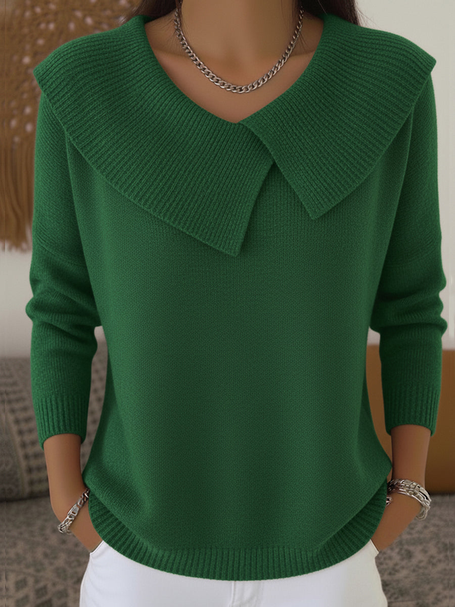 Pull femme à grand col rabattu asymétrique en maille côtelée – Lucie - Vert