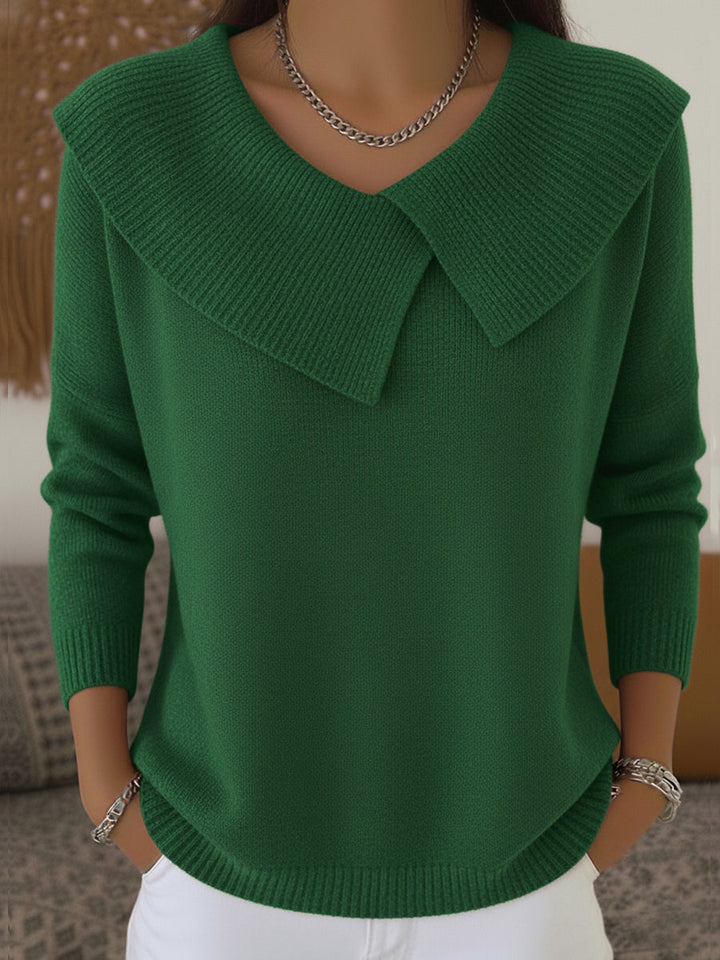 Pull femme à grand col rabattu asymétrique en maille côtelée – Lucie - Vert