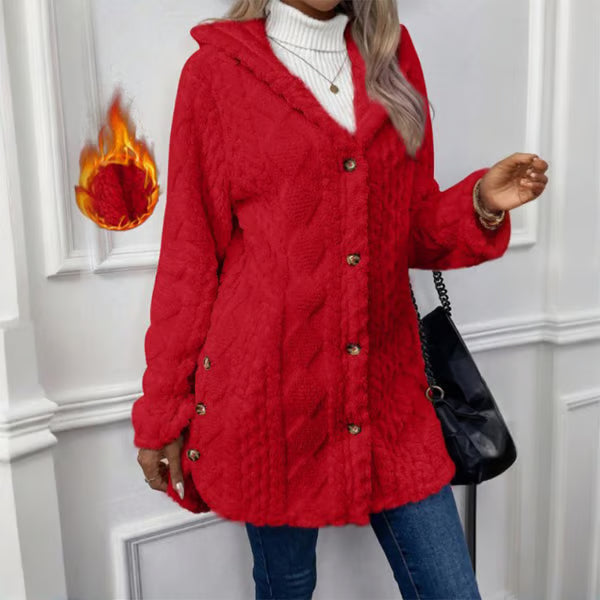 Veste femme peluche à capuche boutonnée motif torsadé – Rose - Rouge