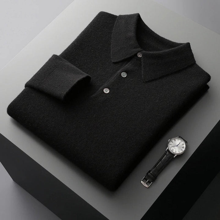 Pull polo homme élégant en maille façon cachemire à boutons – David – Noir