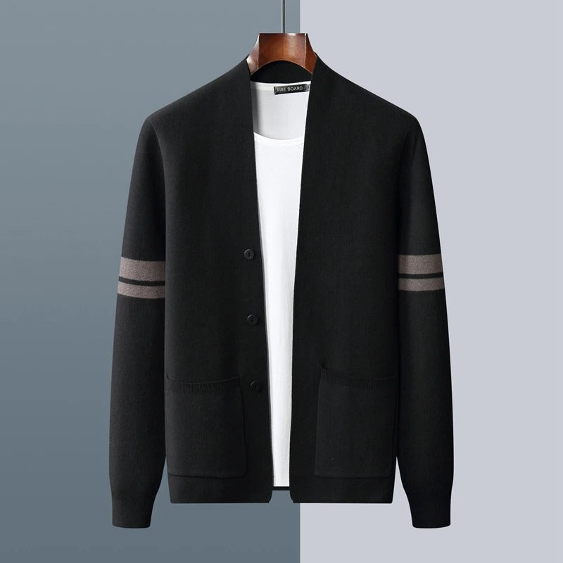 Cardigan boutonné homme en laine mérinos à rayures – Léon – vue 7