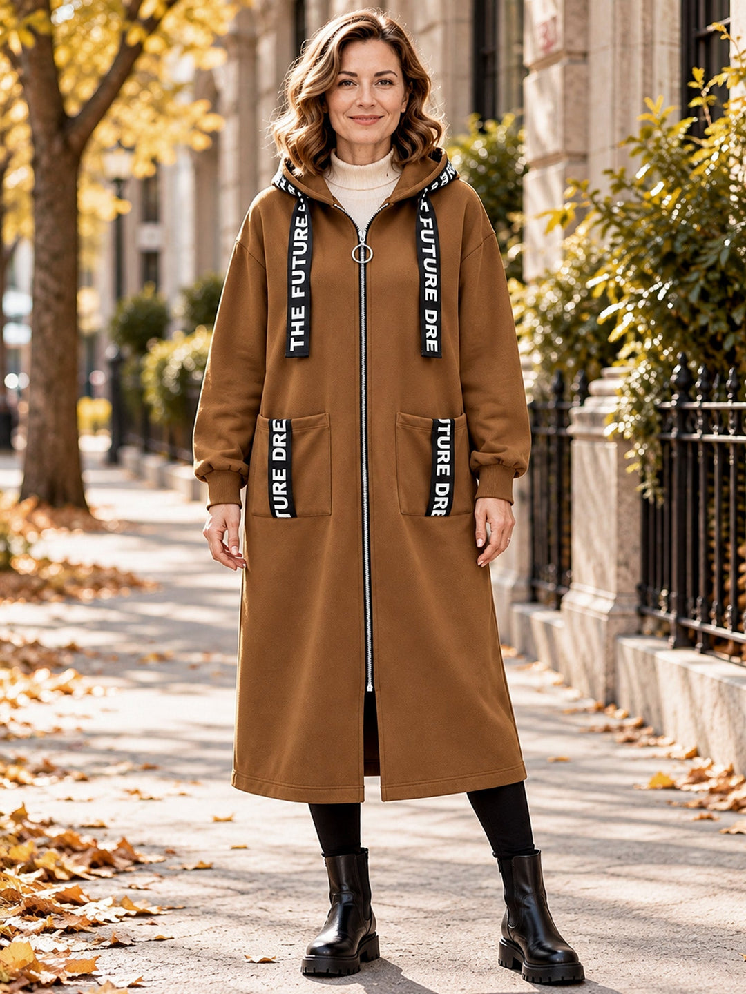 Manteau sweat long femme oversize zippé à capuche – Léonie - Kaki