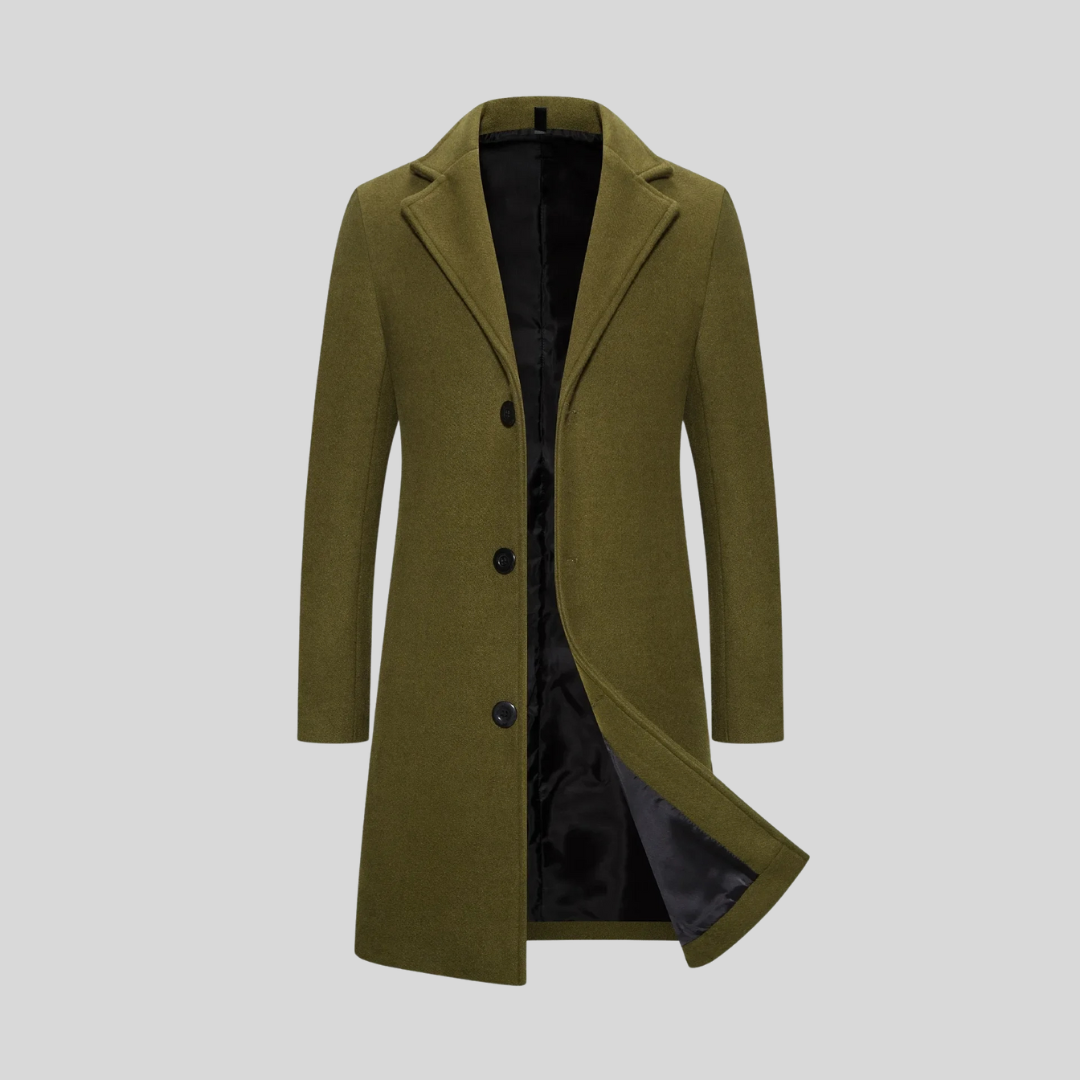Manteau long homme élégant en laine à trois boutons – Augustin – Vert militaire