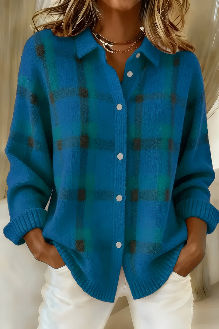 Cardigan femme à carreaux en maille douce et col chemise – Léa - Bleu