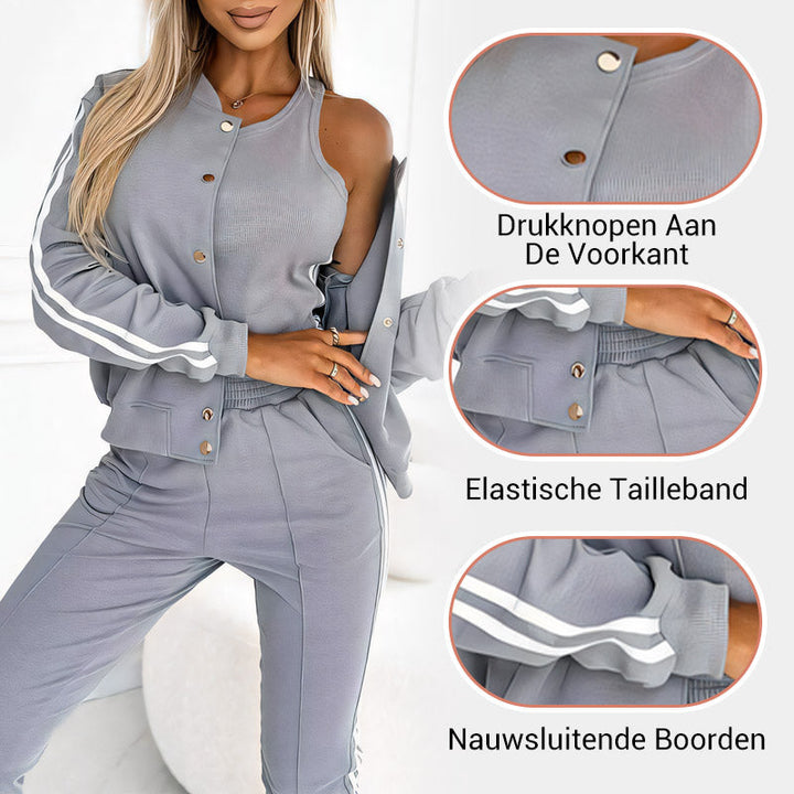 Ensemble 3 pièces femme veste teddy, débardeur et pantalon à bandes – Pauline - vue 8