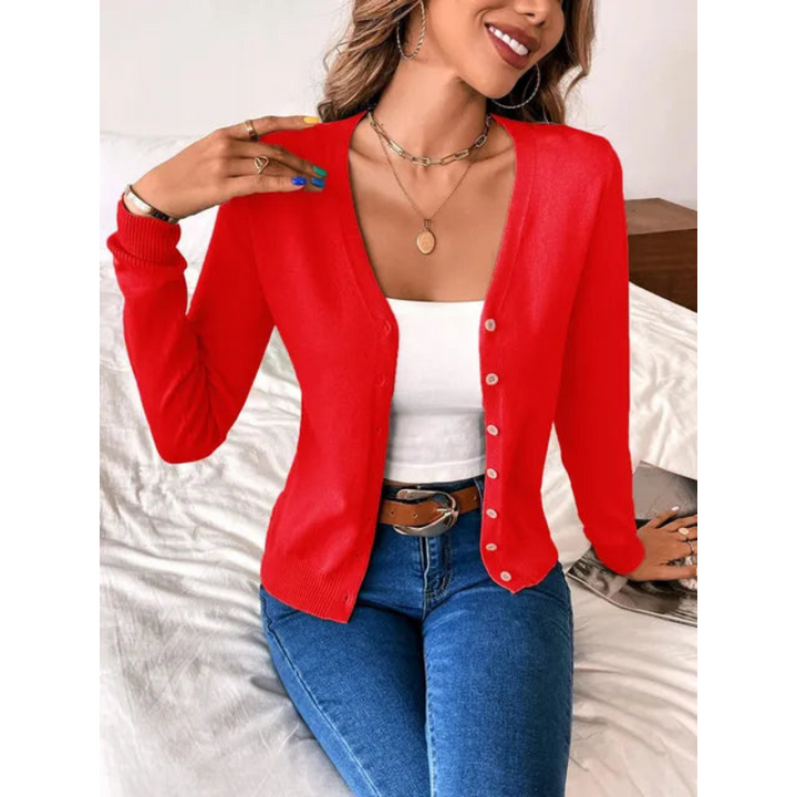Gilet femme ajusté à col V et boutons en maille fine – Margaux - Rouge