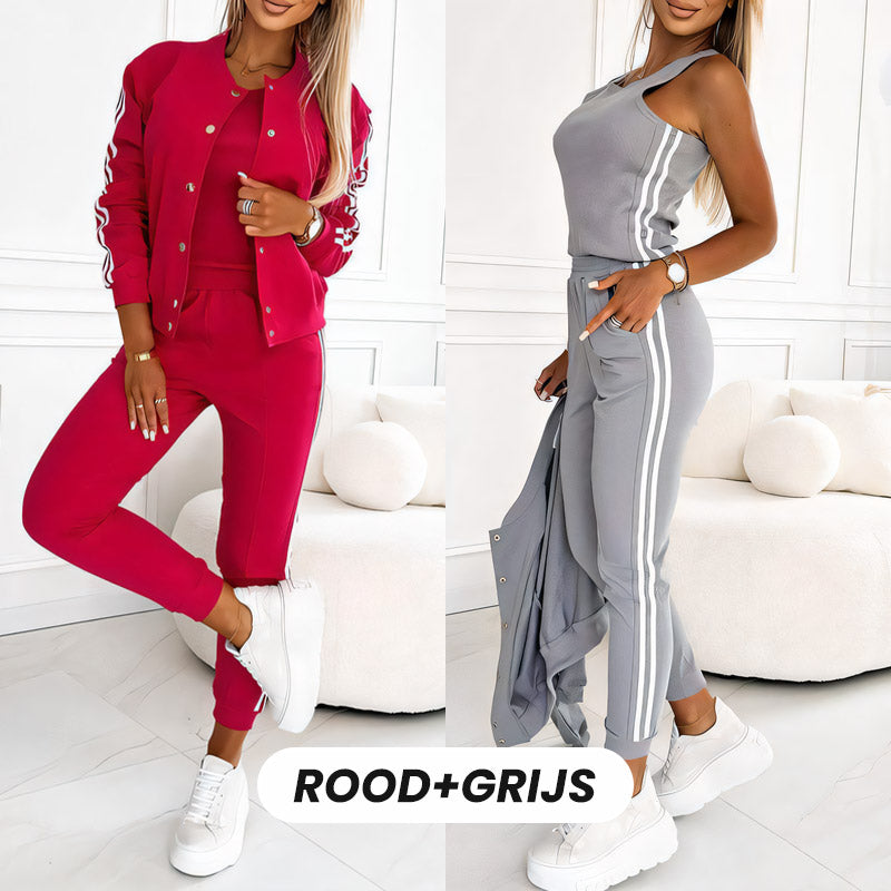 Ensemble 3 pièces femme veste teddy, débardeur et pantalon à bandes – Pauline - vue 6