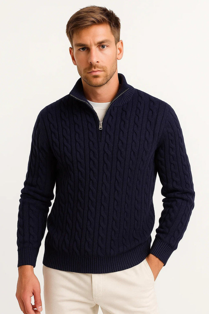 Pull homme classique en maille torsadée à quart de zip – Henrik – Bleu marine