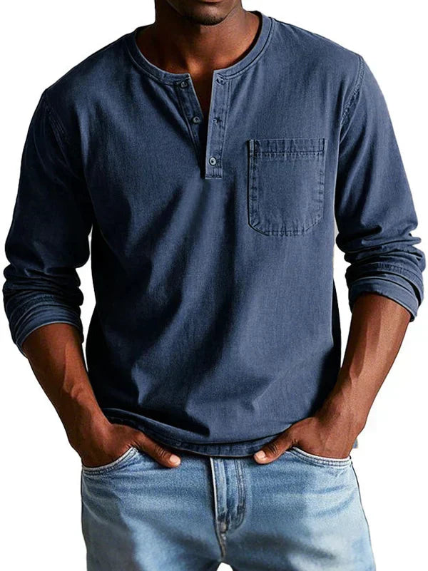 T-shirt henley homme décontracté à manches longues – Philipp – Bleu marine